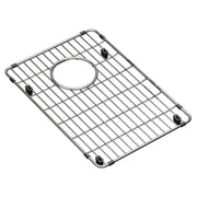 Stainless steel sink grid with parallel bars and circular drain opening, fitted with four black rubber feet.