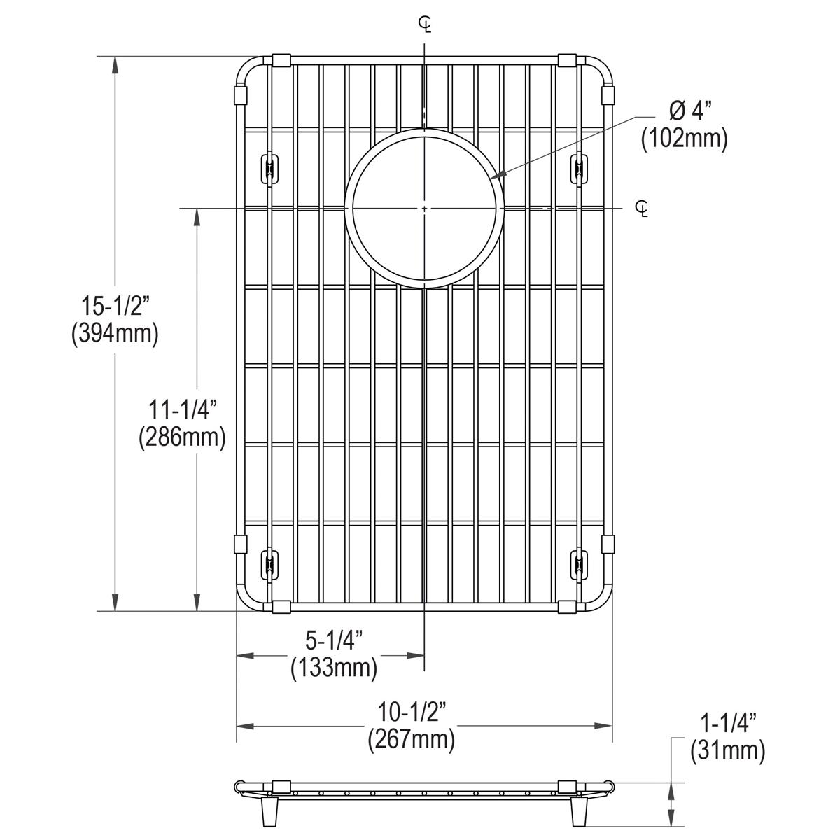 Stainless steel sink grid with vertical and horizontal bars, rounded corners, and circular drain opening, shown in top and si