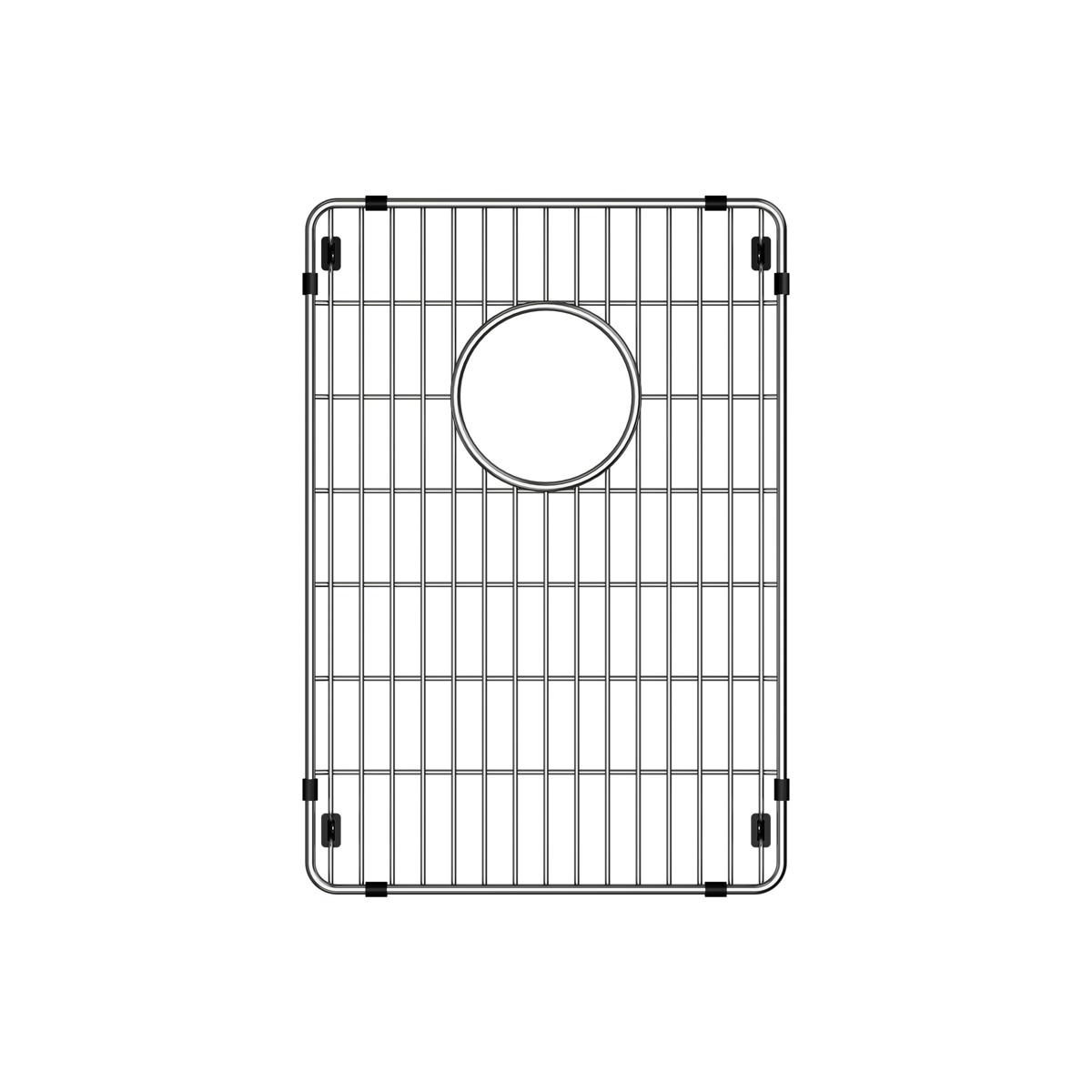 Stainless steel sink grid with vertical wire pattern, circular drain hole, and corner mounting clips.