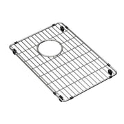 Stainless steel sink grid with parallel slats and circular center opening, black rubber corner feet.