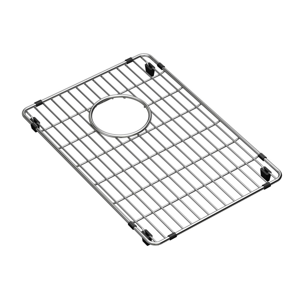 Stainless steel sink grid with parallel slats and circular center opening, black rubber corner feet.