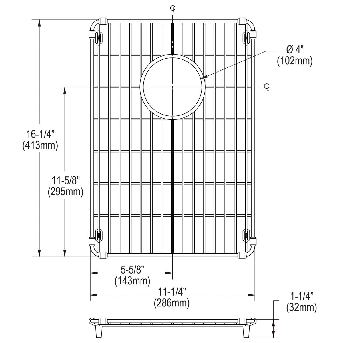 Stainless steel sink grid with vertical and horizontal bars, center circular opening, and four corner mounting brackets.