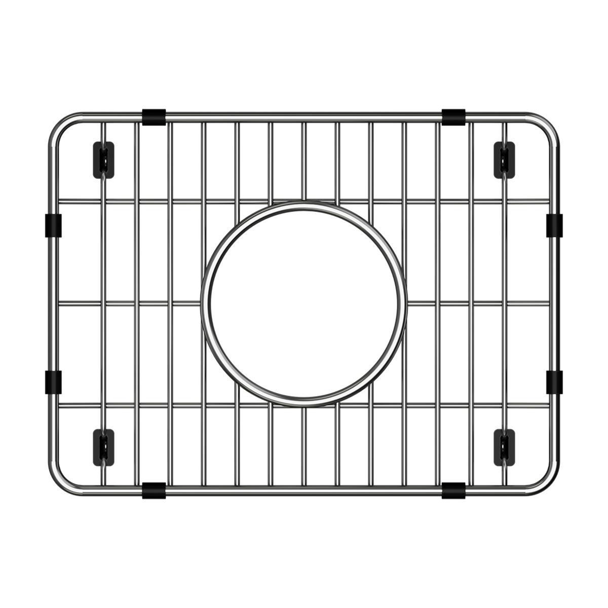 Stainless steel sink grid with vertical and horizontal wires, circular drain opening, and black rubber feet on corners.