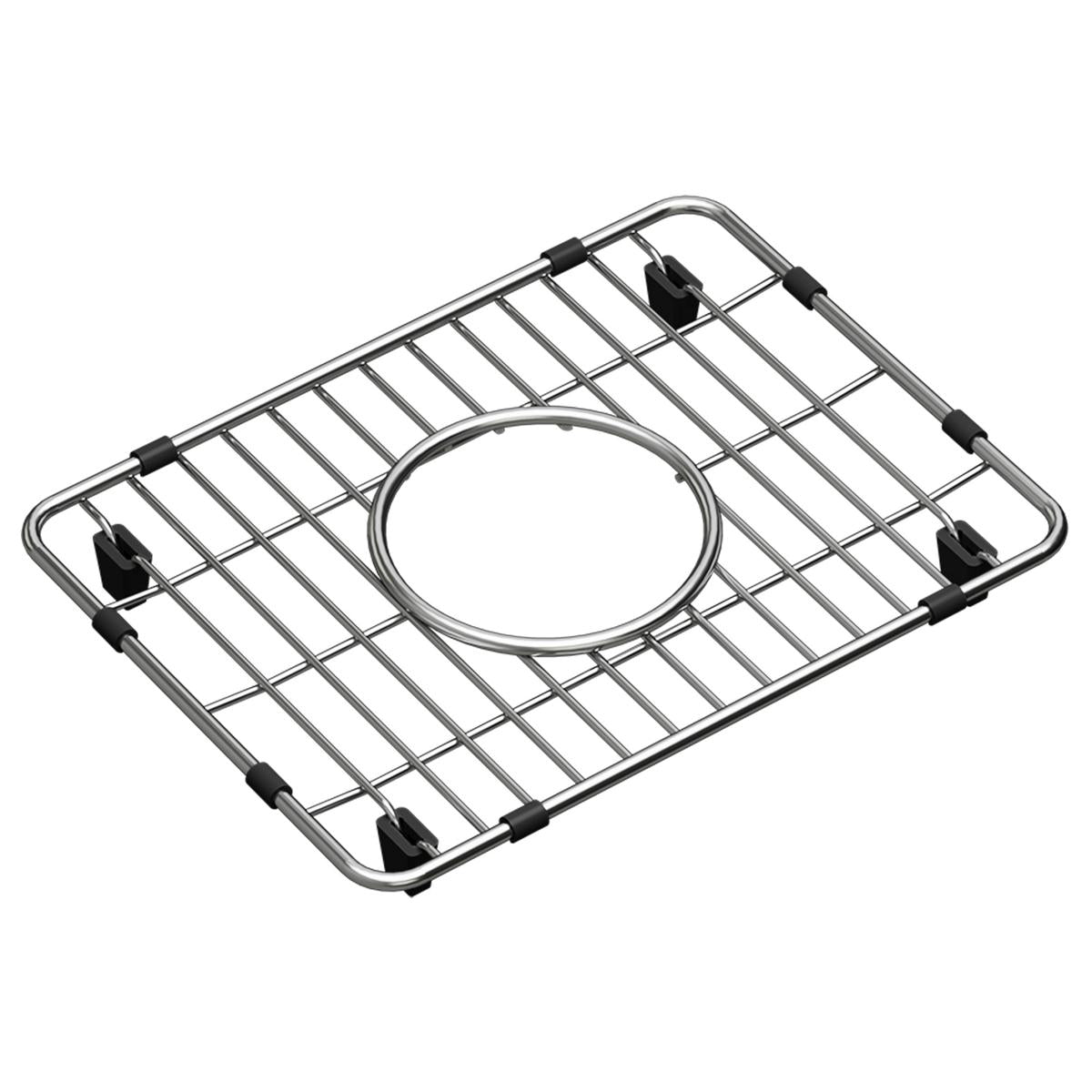 Stainless steel sink grid with parallel bars, circular drain opening, and black rubber feet for stability.
