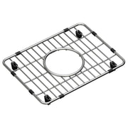 Stainless steel sink grid with parallel bars, circular drain opening, and black rubber feet for stability.