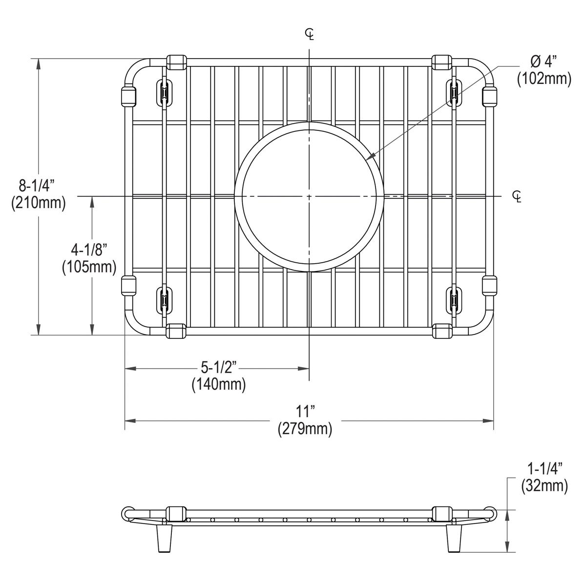 Stainless steel sink bottom grid with vertical slats, circular center opening, and corner mounting feet, shown in top and sid