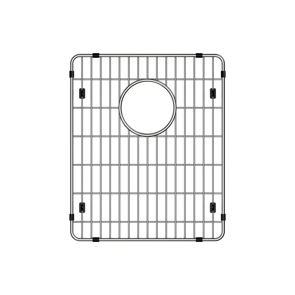 Stainless steel sink grid with vertical wires, circular drain opening, and black corner mounting clips.