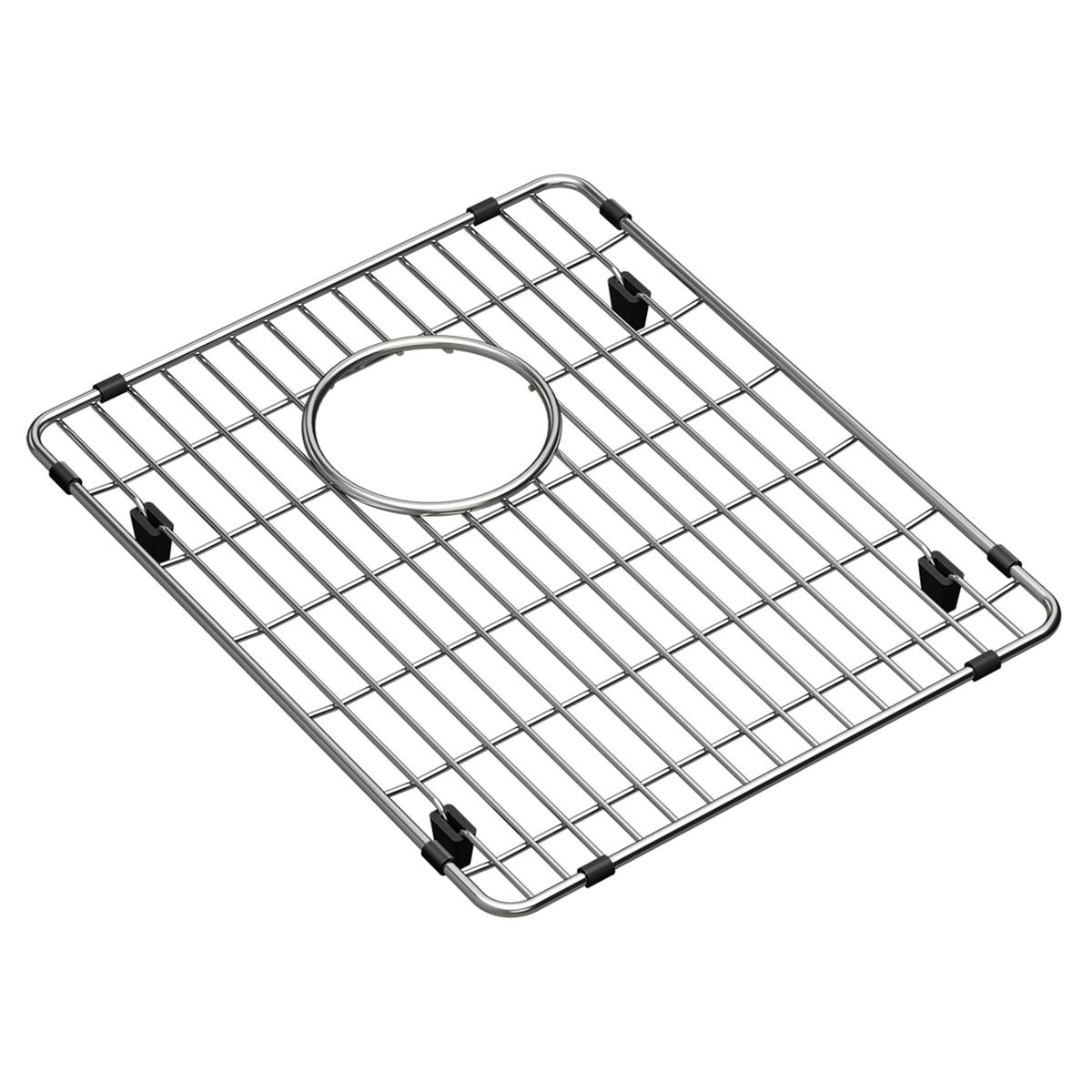 Stainless steel sink grid with parallel wires, circular center drain hole, and four black rubber feet.