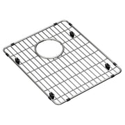 Stainless steel sink grid with parallel wires, circular center drain hole, and four black rubber feet.