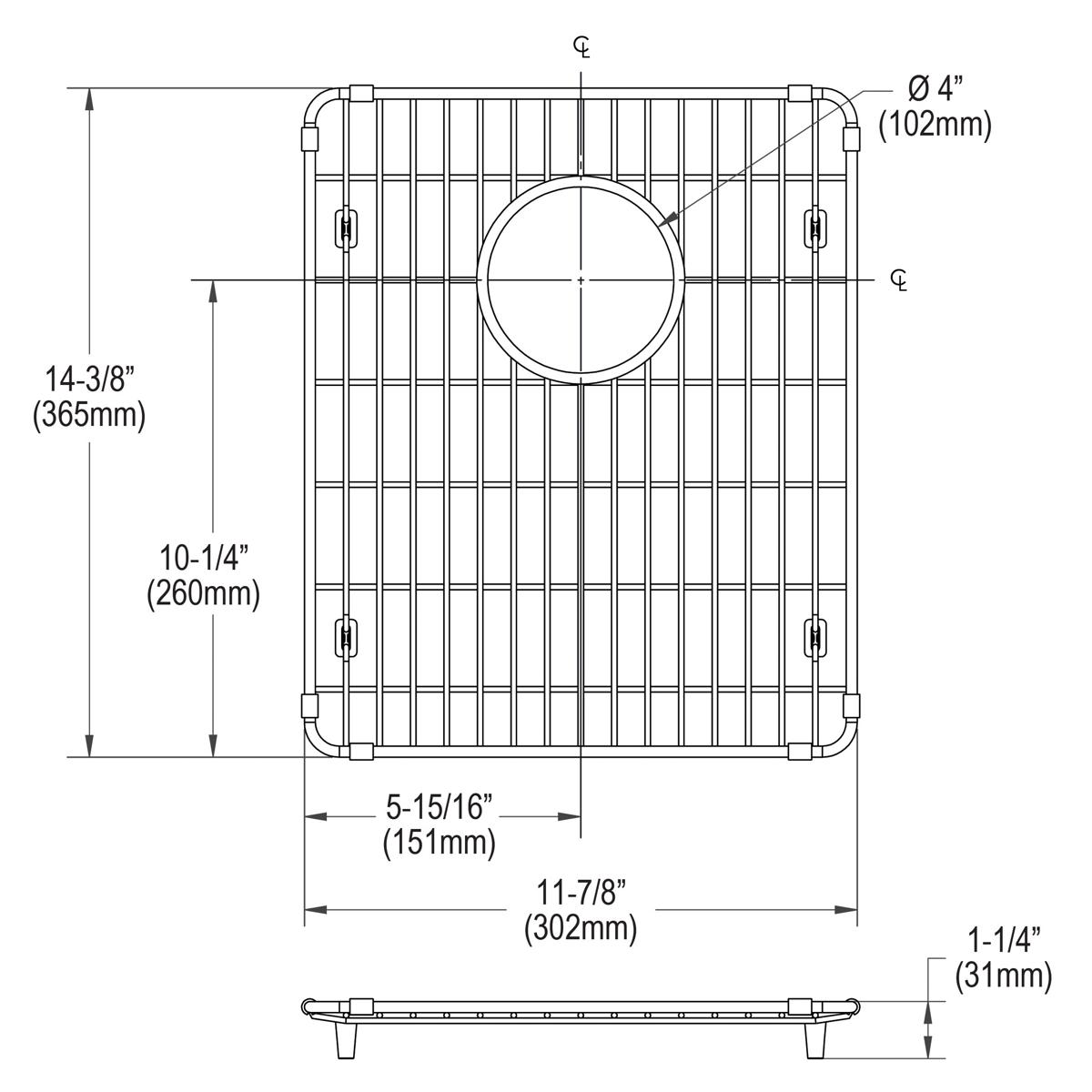 Stainless steel sink grid with vertical bars, circular drain opening, and mounting feet shown in top and side views.