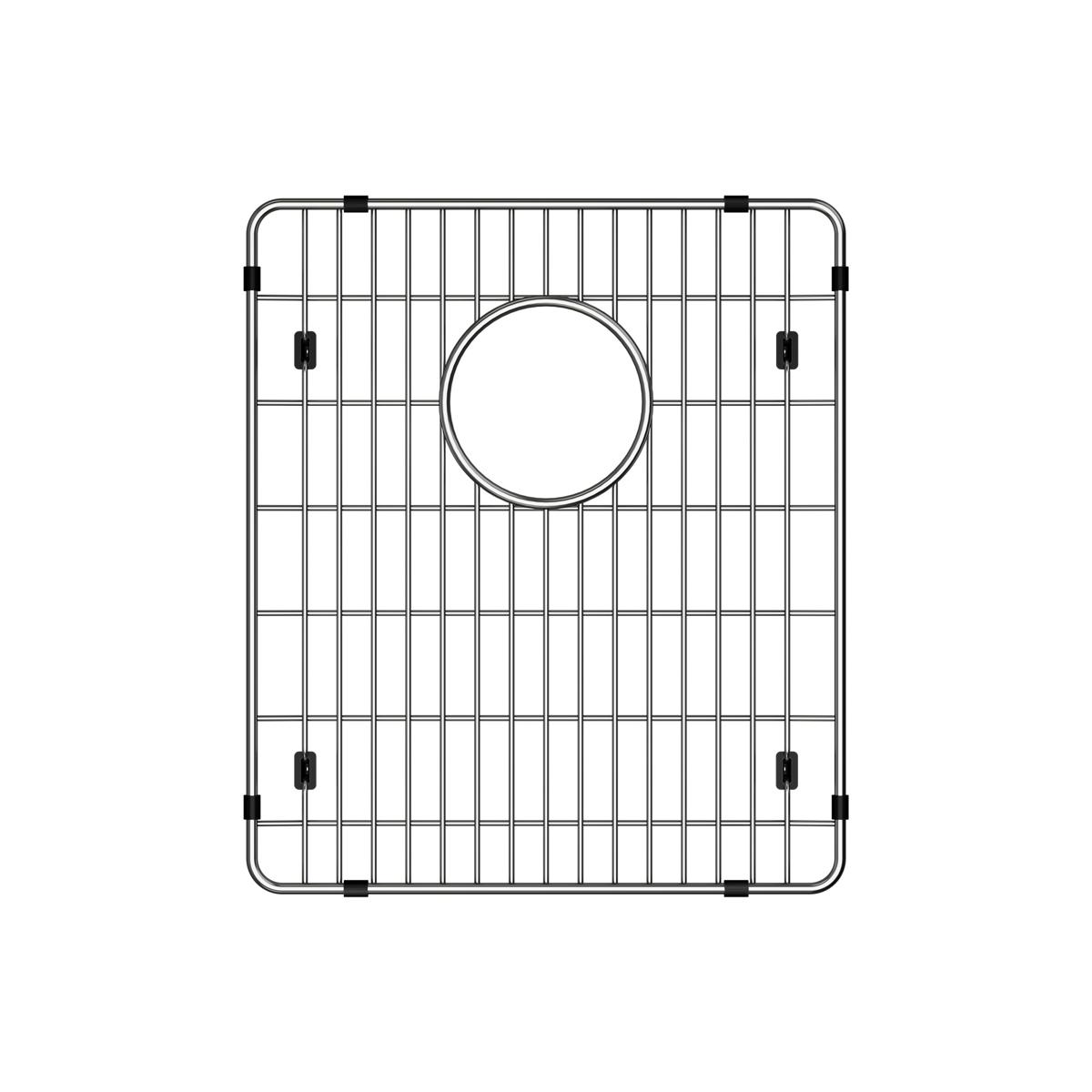 Stainless steel sink grid with vertical wires, circular drain opening, and black rubber feet.