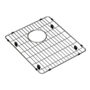 Stainless steel sink grid with parallel wire bars, center drain hole, and rubber feet for sink basin protection.