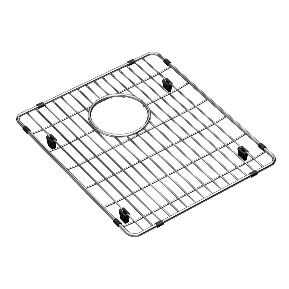 Stainless steel sink grid with parallel wire bars, center drain hole, and rubber feet for sink basin protection.