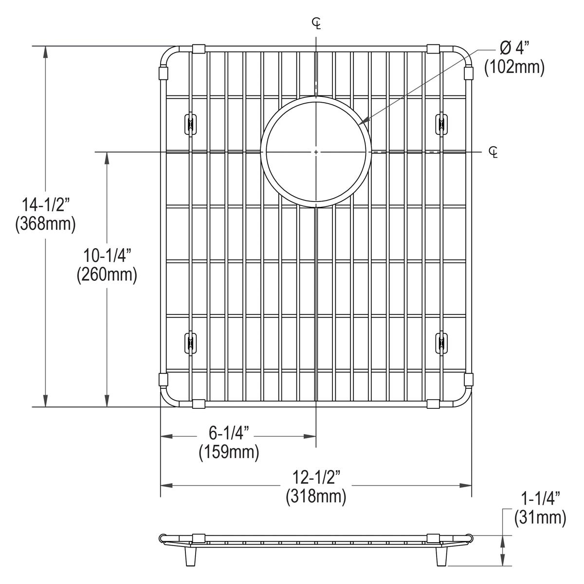 Stainless steel sink bottom grid with vertical bars, circular drain opening, and corner feet, measuring 12-1/2" x 14-1/2".