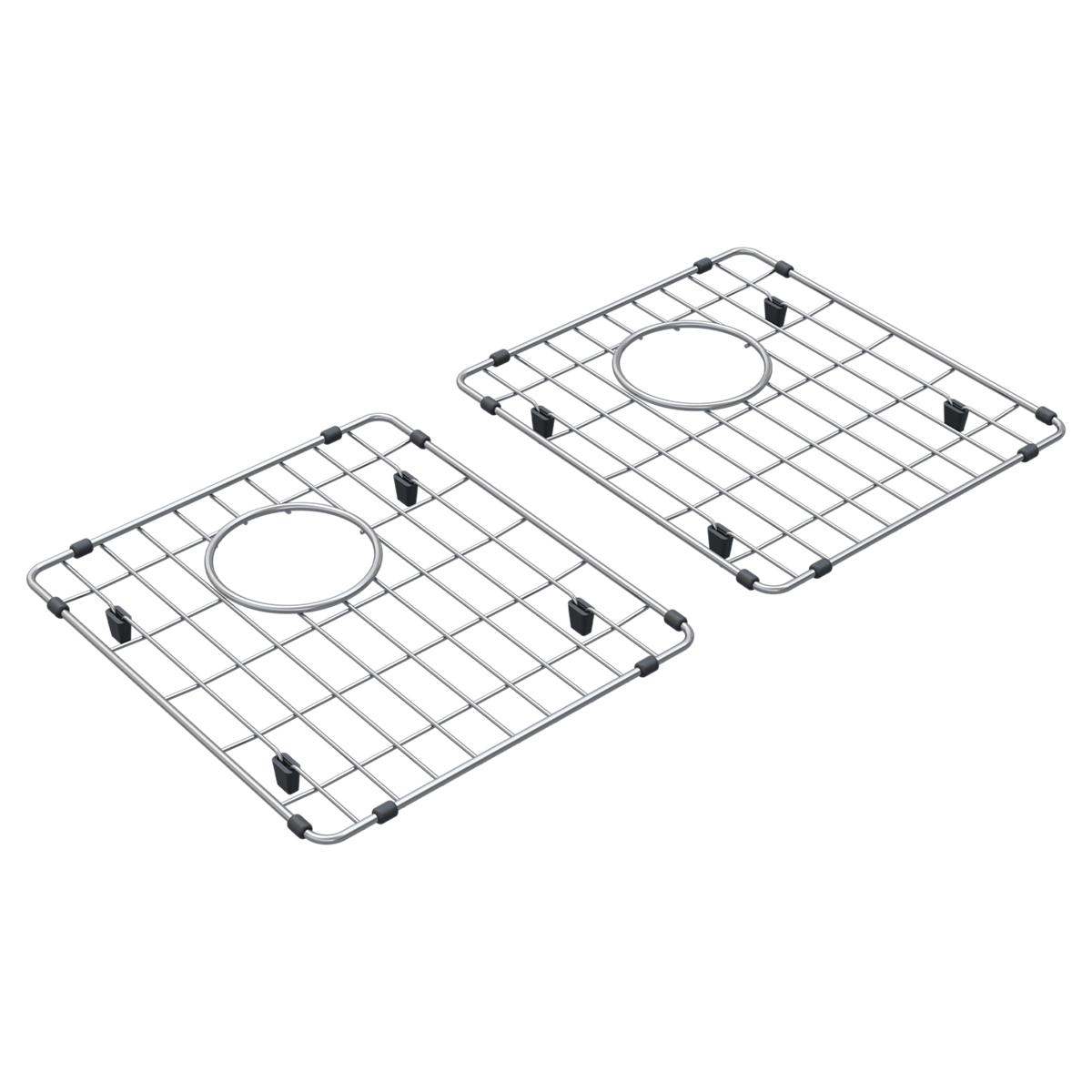 Stainless steel sink bottom grid with wire mesh pattern and circular drain opening, equipped with rubber feet and mounting cl
