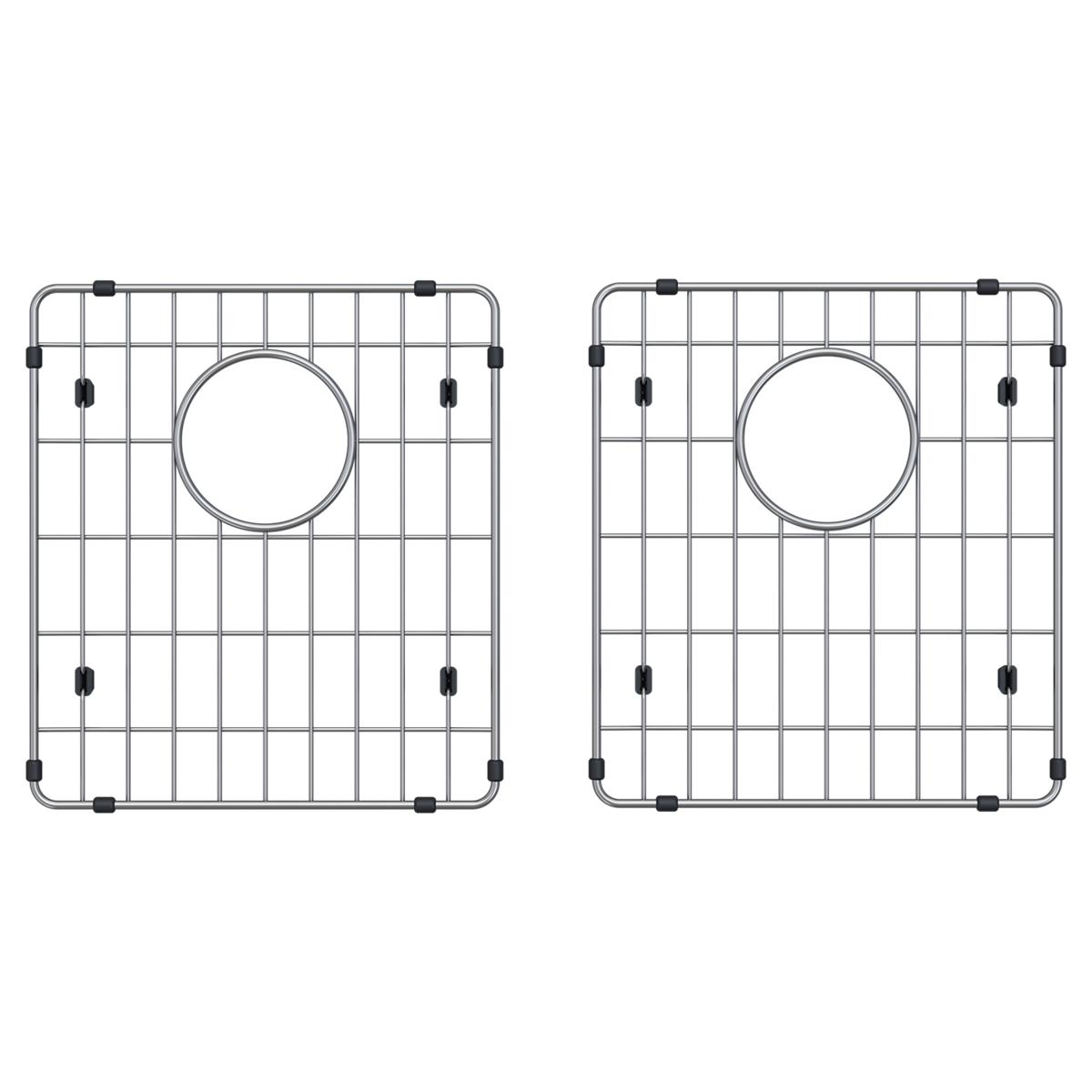 Stainless steel sink grid with rectangular grid pattern, circular drain opening, and rubber corner feet shown in two views.