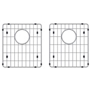 Stainless steel sink grid with rectangular grid pattern, circular drain opening, and rubber corner feet shown in two views.