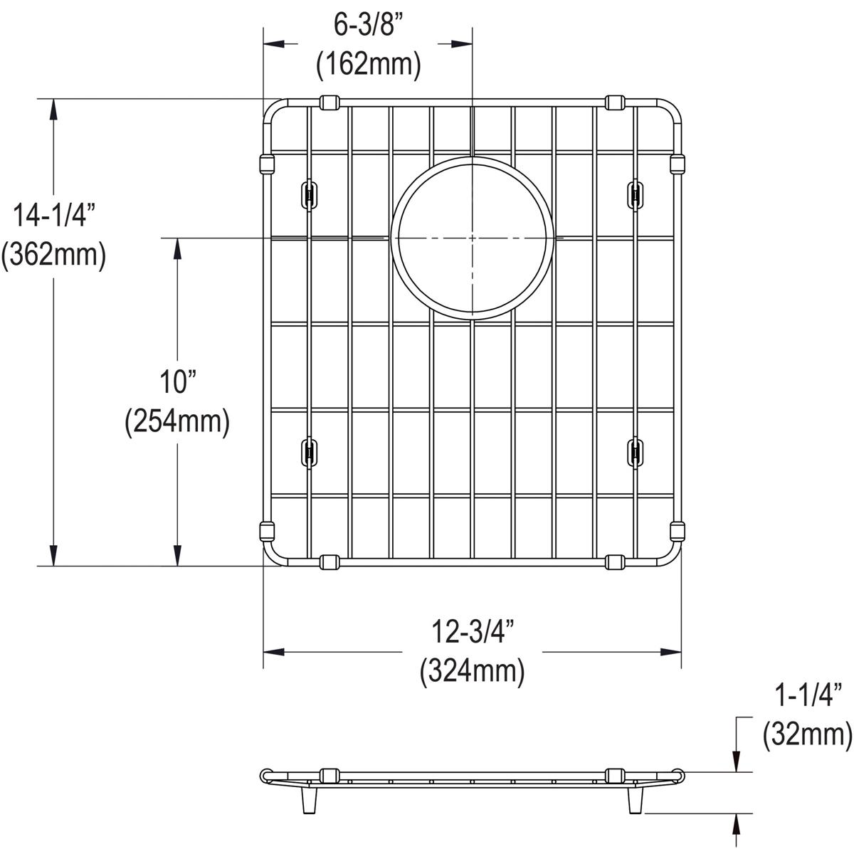 Stainless steel sink grid with square mesh pattern and circular drain opening, shown in top and side views with dimensions.