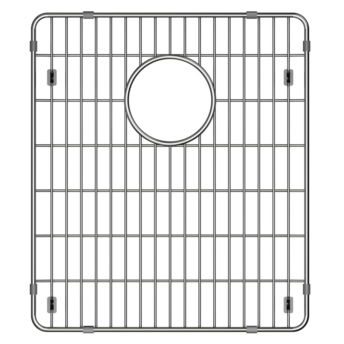 Stainless steel sink grid with vertical wires, circular drain opening, and corner mounting clips.