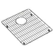 Stainless steel sink grid with parallel slats, circular drain opening, and four corner mounting feet.