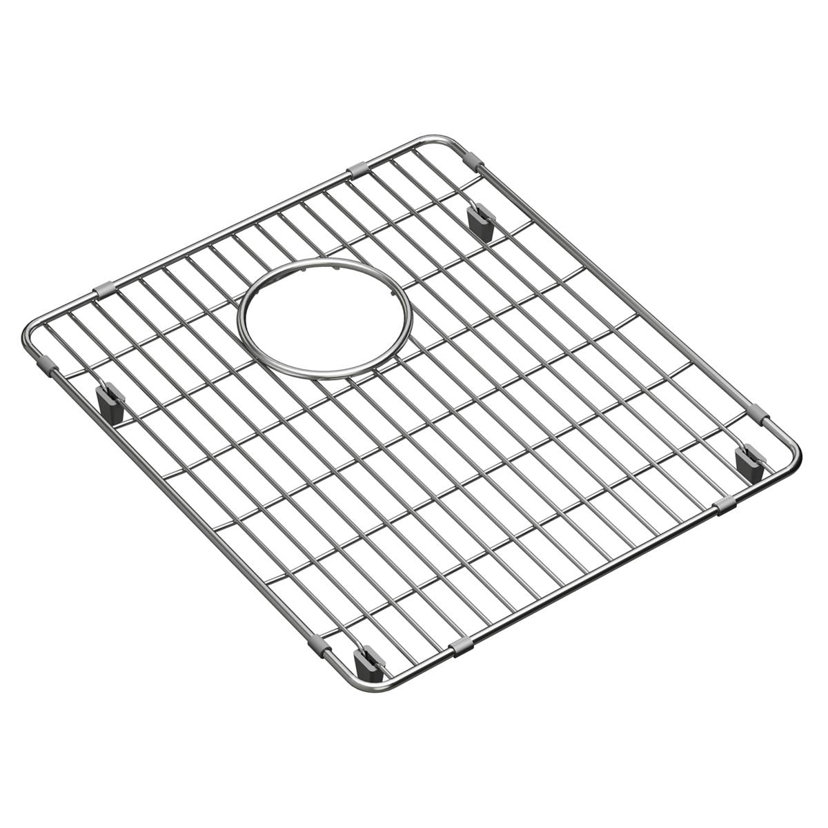 Stainless steel sink grid with parallel slats, circular drain opening, and four corner mounting feet.
