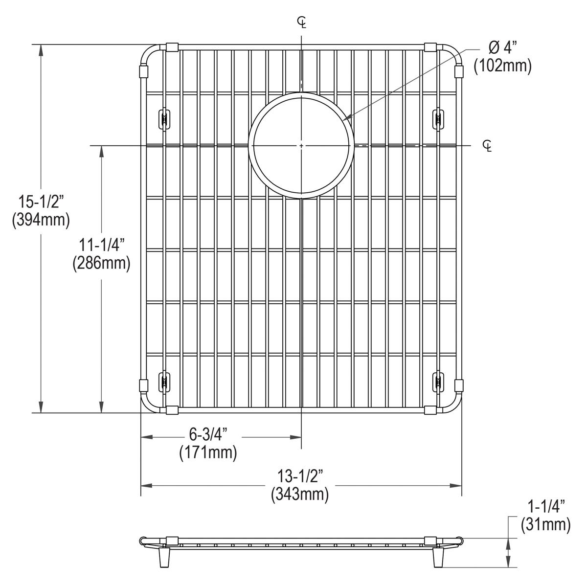 Stainless steel sink grid with parallel slats, circular drain hole, and mounting feet, measuring 13-1/2" x 15-1/2".