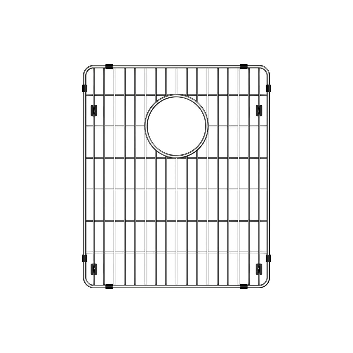 Stainless steel sink grid with vertical wires, circular drain opening, and black rubber corner feet.