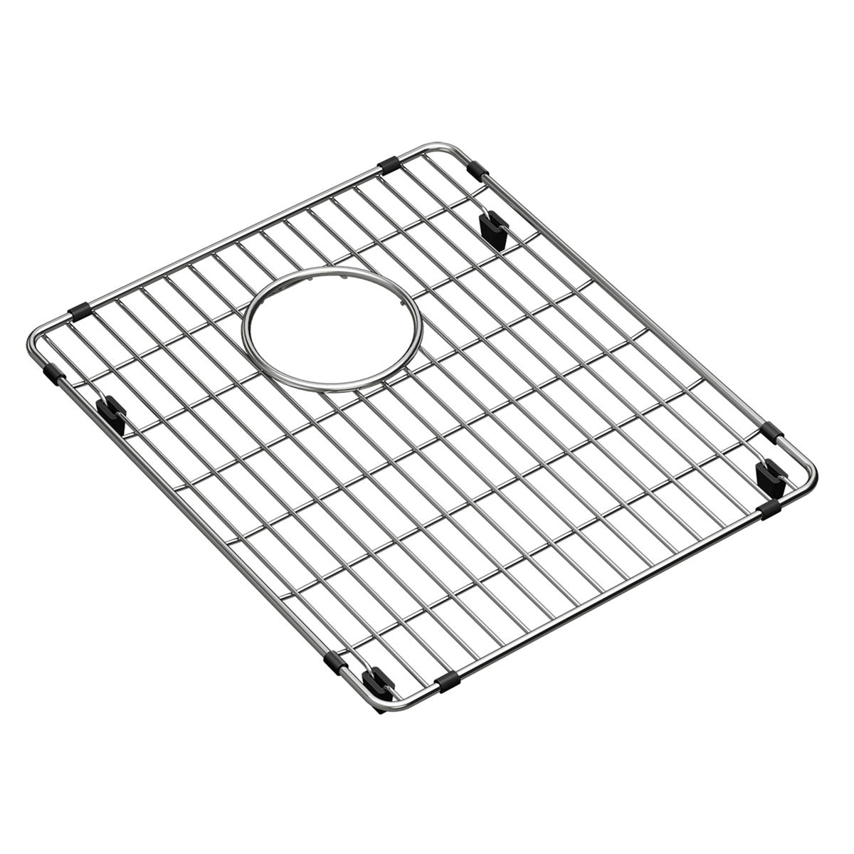 Stainless steel sink grid with parallel wire bars and circular drain opening, featuring black rubber corner feet.