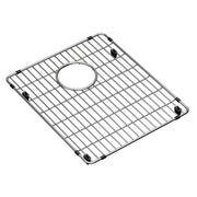 Stainless steel sink grid with parallel wire bars and circular drain opening, featuring black rubber corner feet.