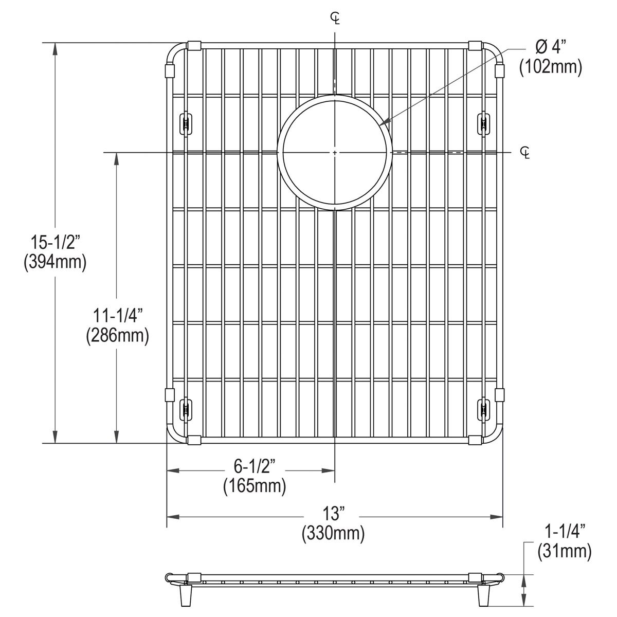 Stainless steel sink grid with parallel bars and center drain opening, shown in top and side view with dimensions.