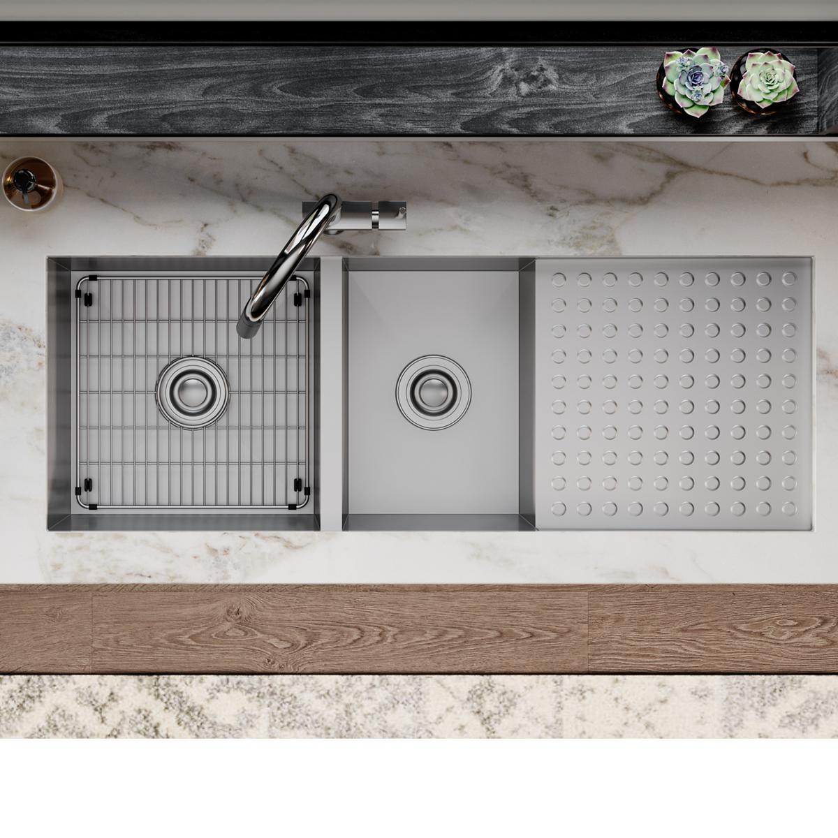 Stainless steel sink grid with vertical ridged pattern and rounded corners for Crosstown sink basin.