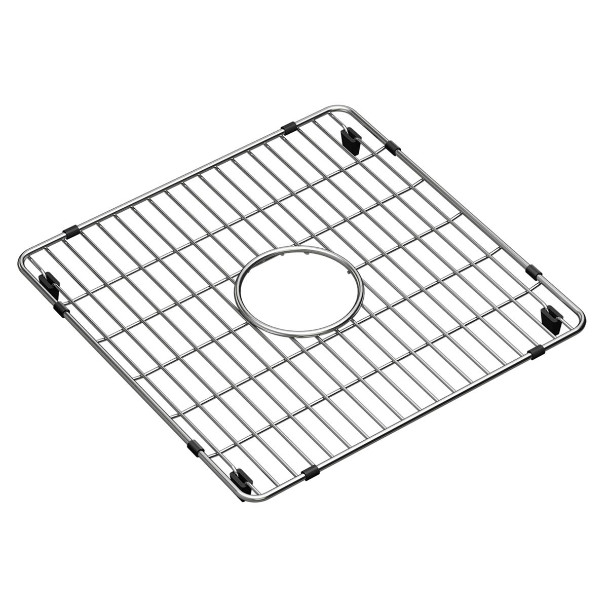 Stainless steel sink grid with parallel slats and center drain opening, featuring rubber feet at corners.