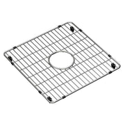 Stainless steel sink grid with parallel slats and center drain opening, featuring rubber feet at corners.