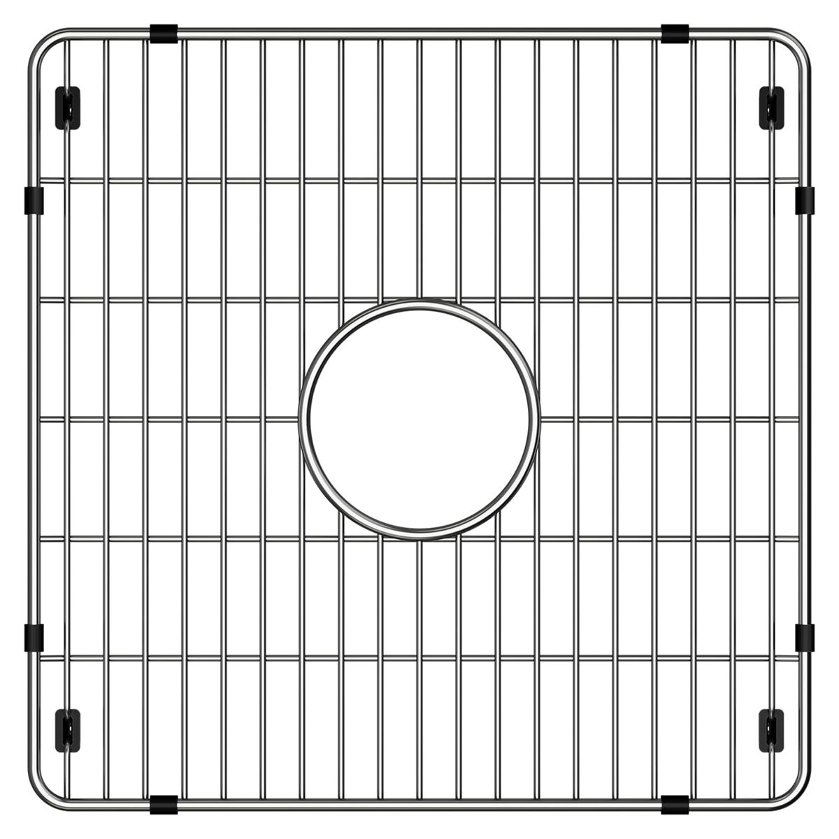 Stainless steel sink grid with vertical and horizontal wires, center drain hole, and black rubber corner feet.
