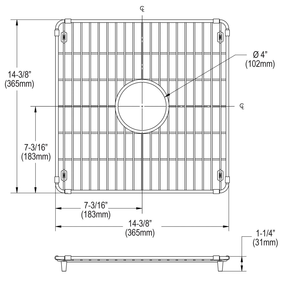 Stainless steel sink grid with parallel slat pattern and 4-inch circular drain hole, measuring 14-3/8 inches square by 1-1/4 