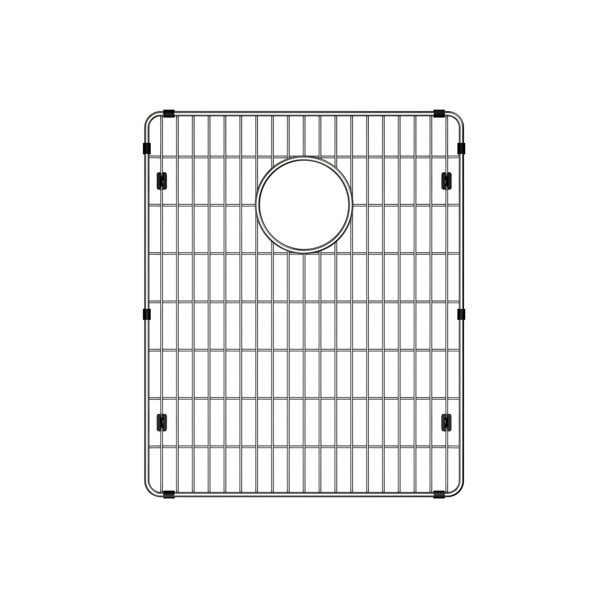 Stainless steel sink grid with vertical wires, circular drain hole in center, and black corner mounting brackets.
