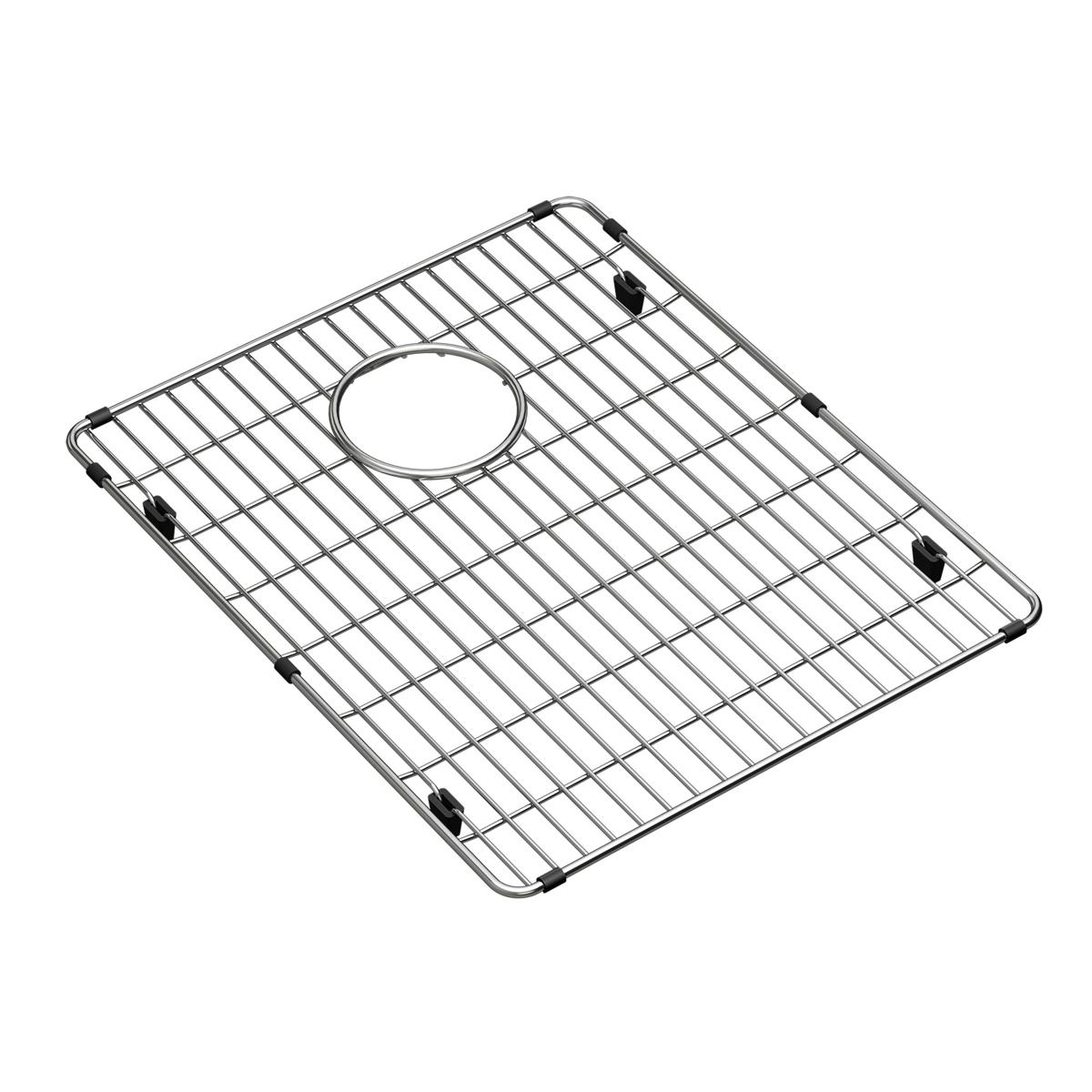 Stainless steel sink grid with parallel bars, circular drain opening, and rubber feet at corners.