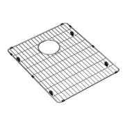 Stainless steel sink grid with parallel bars, circular drain opening, and rubber feet at corners.