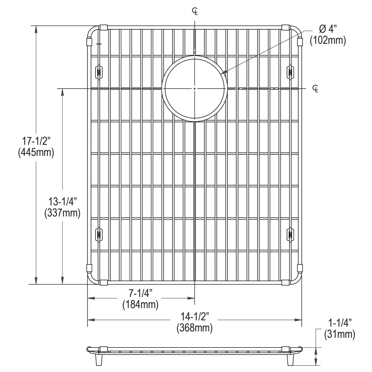 Stainless steel sink bottom grid with vertical slats, center circular opening, and corner feet, dimensions 14-1/2" x 17-1/2".