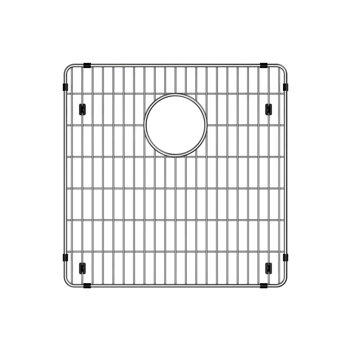 Stainless steel sink grid with vertical bars, circular drain opening, and black corner mounting clips.