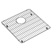 Stainless steel sink grid with parallel slats, circular center opening, and four corner feet.