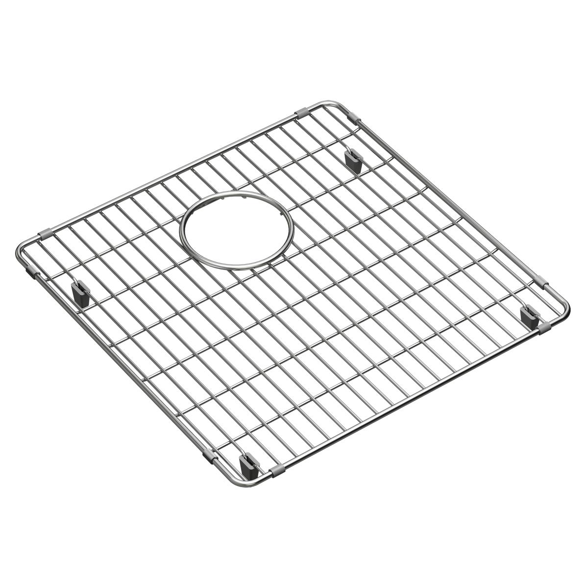 Stainless steel sink grid with parallel slats, circular center opening, and four corner feet.