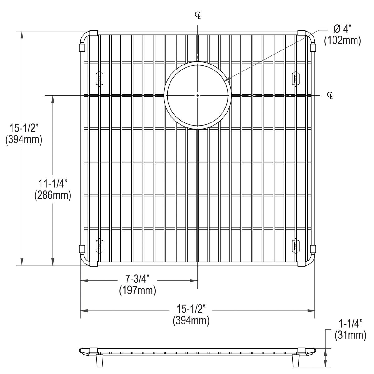 Stainless steel sink bottom grid with vertical slat pattern, circular drain opening, and four corner mounting feet.