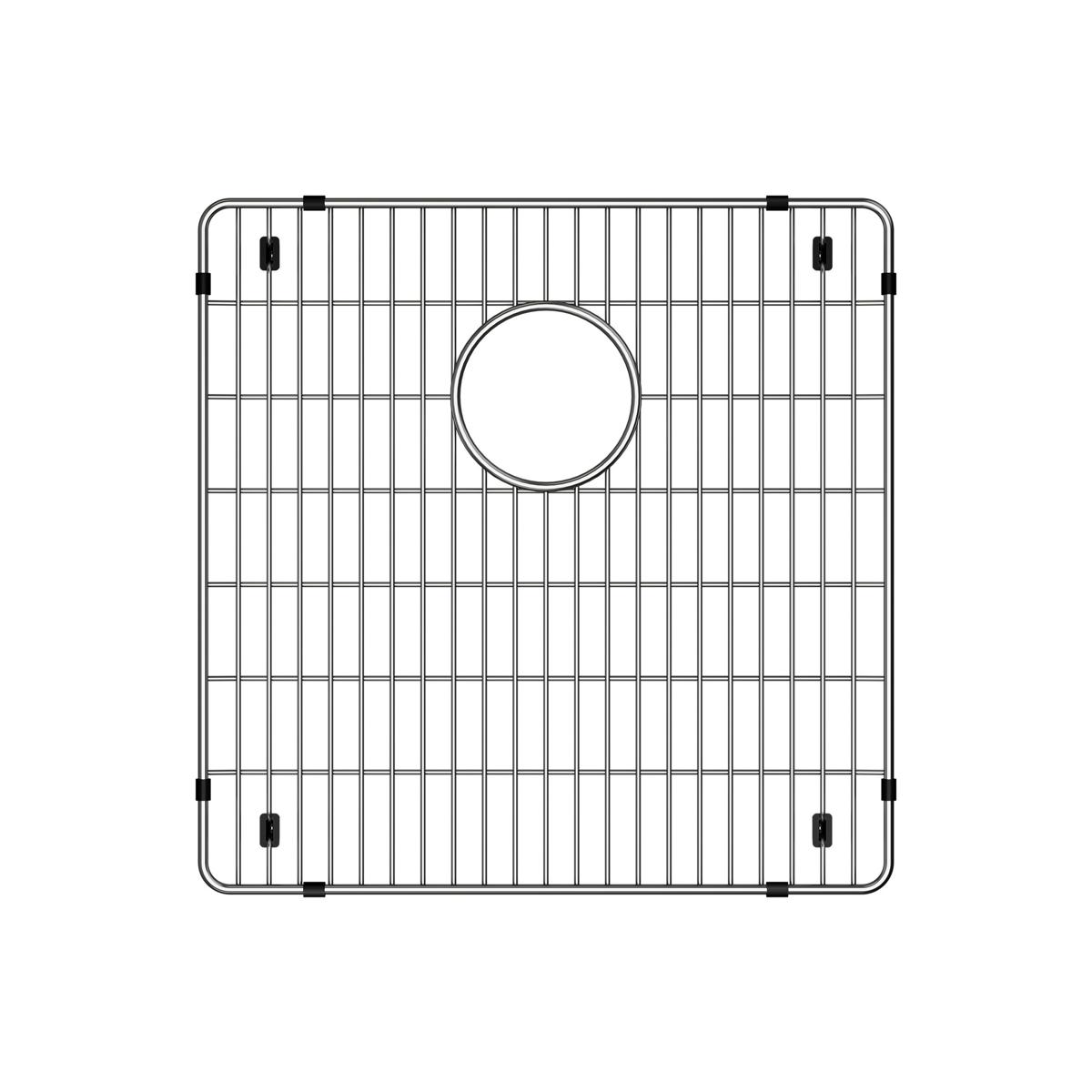 Stainless steel sink grid with vertical wire pattern, circular drain opening, and black rubber foot pads at corners.