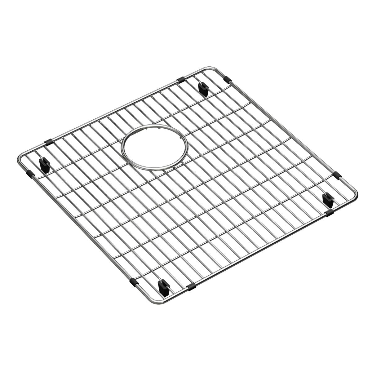 Stainless steel sink grid with parallel slats, circular center opening, and four black rubber feet.