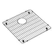 Stainless steel sink grid with parallel slats, circular center opening, and four black rubber feet.