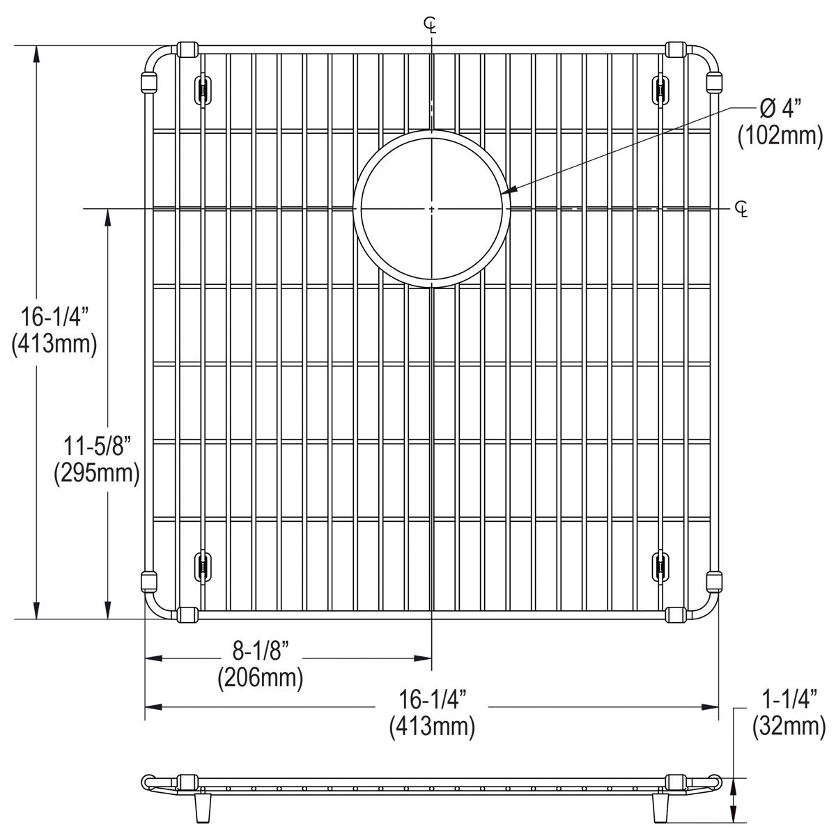 Stainless steel sink grid with parallel slats, circular drain opening, and corner posts, dimensions 16-1/4" x 16-1/4".
