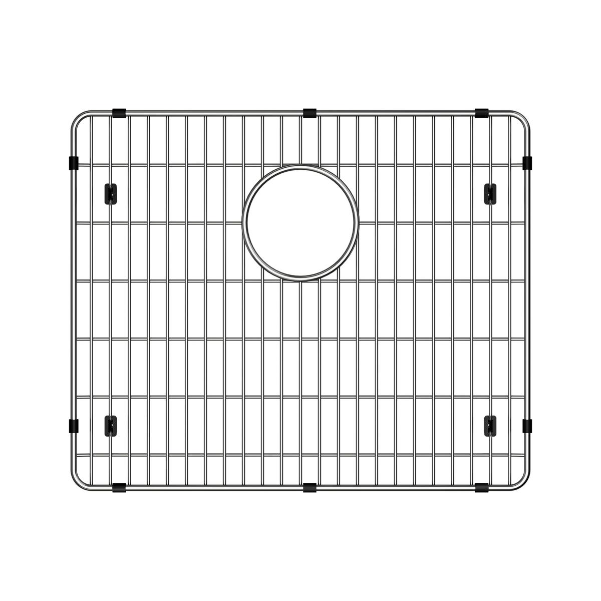 Stainless steel sink grid with vertical bars, rounded corners, and circular drain opening in center.