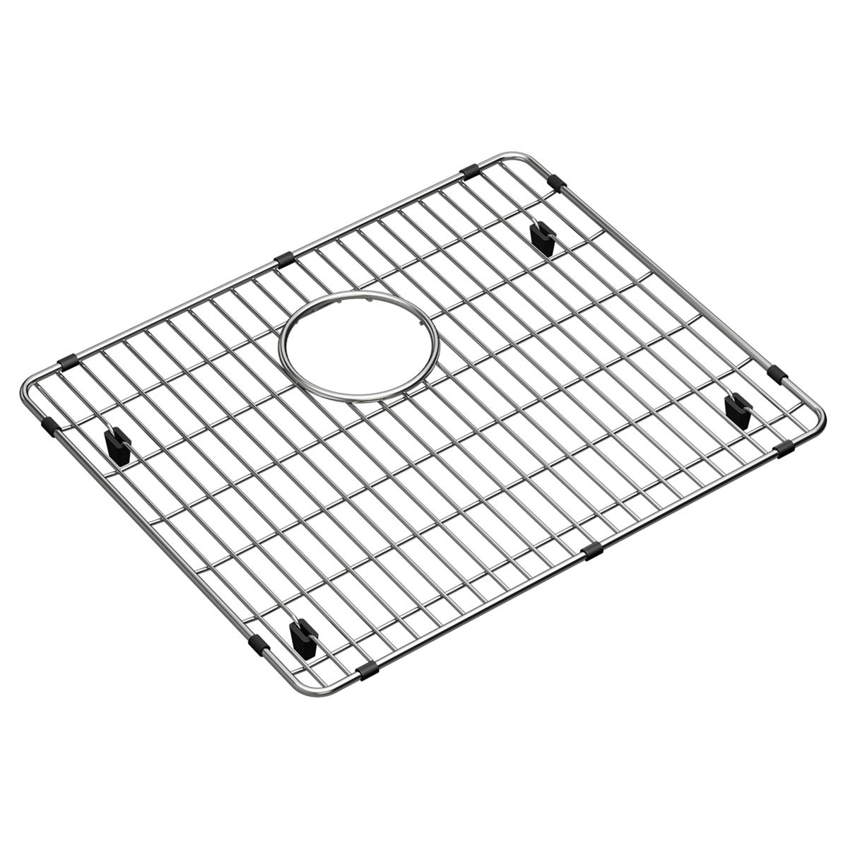 Stainless steel sink grid with parallel bars, circular drain opening, and four corner feet.