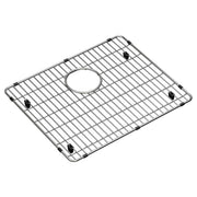 Stainless steel sink grid with parallel bars, circular drain opening, and four corner feet.
